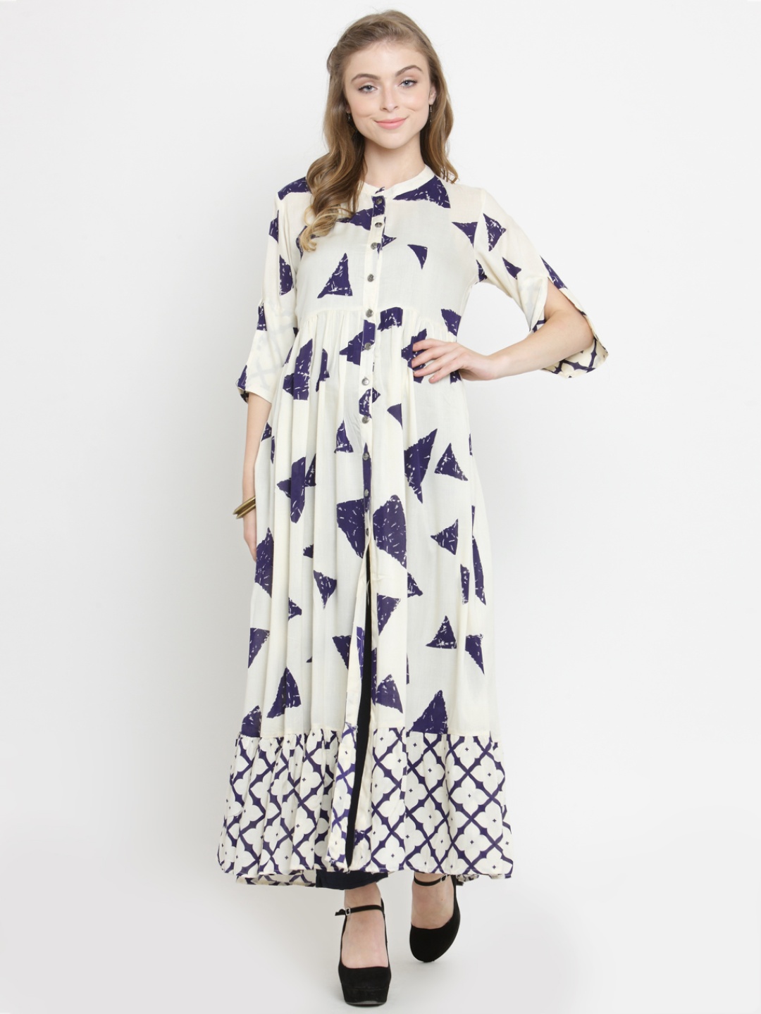 

Indibelle Women Beige & Navy Blue Printed A-Line Kurta