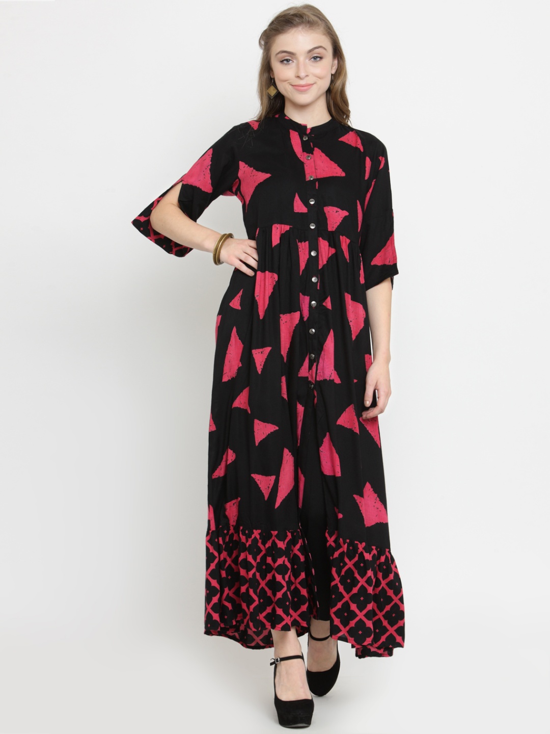

Indibelle Women Black & Pink Printed A-Line Kurta