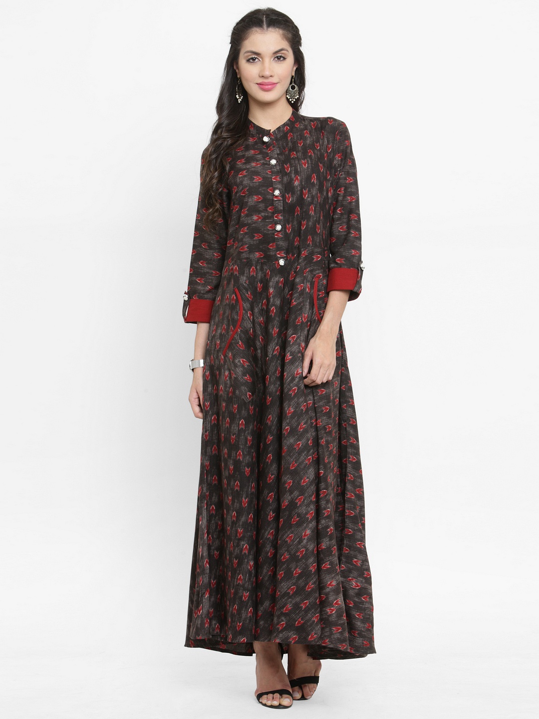 

Indibelle Women Maroon & Grey Printed A-Line Kurta