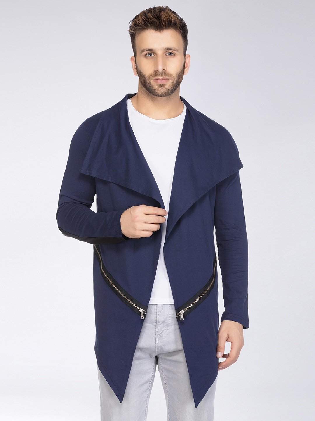 

Tinted Men Navy Blue & Black Solid Front-Open Sweater