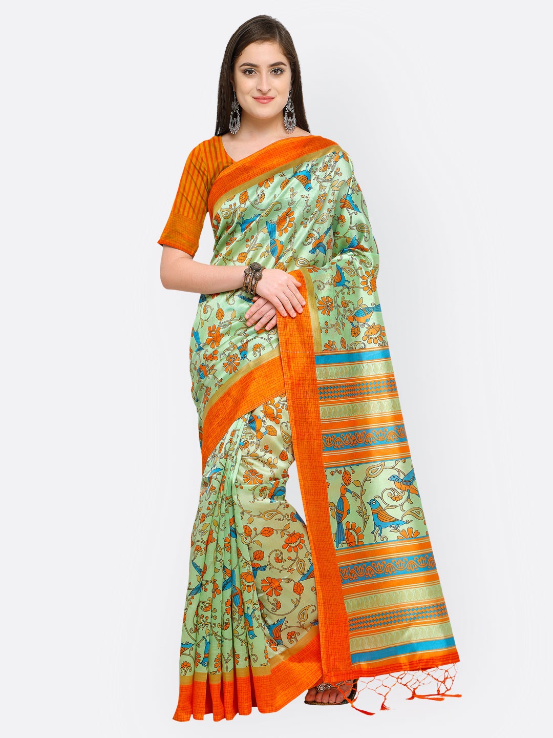 

Blissta Green & Orange Art Silk Printed Mysore Silk Saree