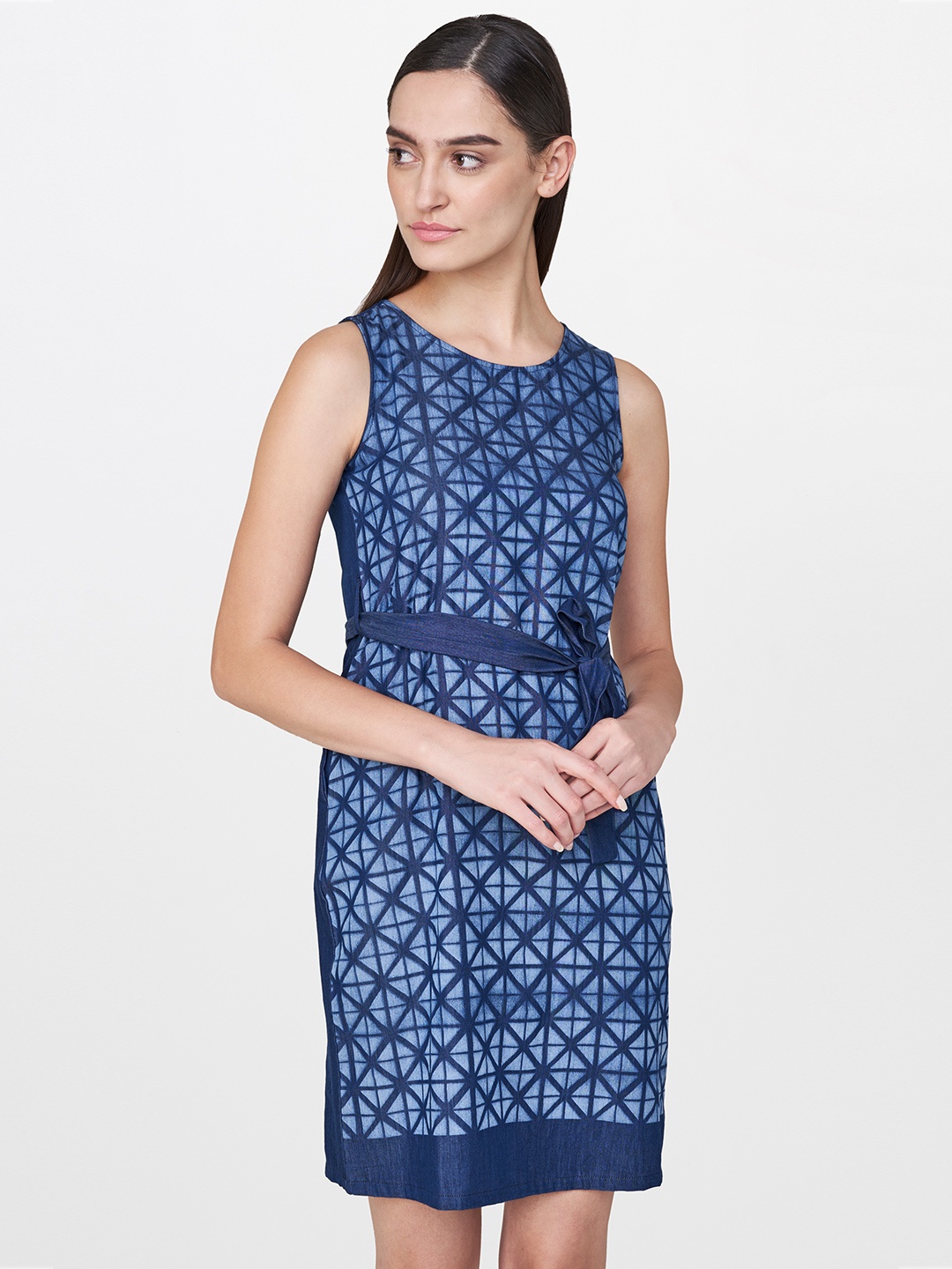 

AND Women Blue Printed A-Line Dress