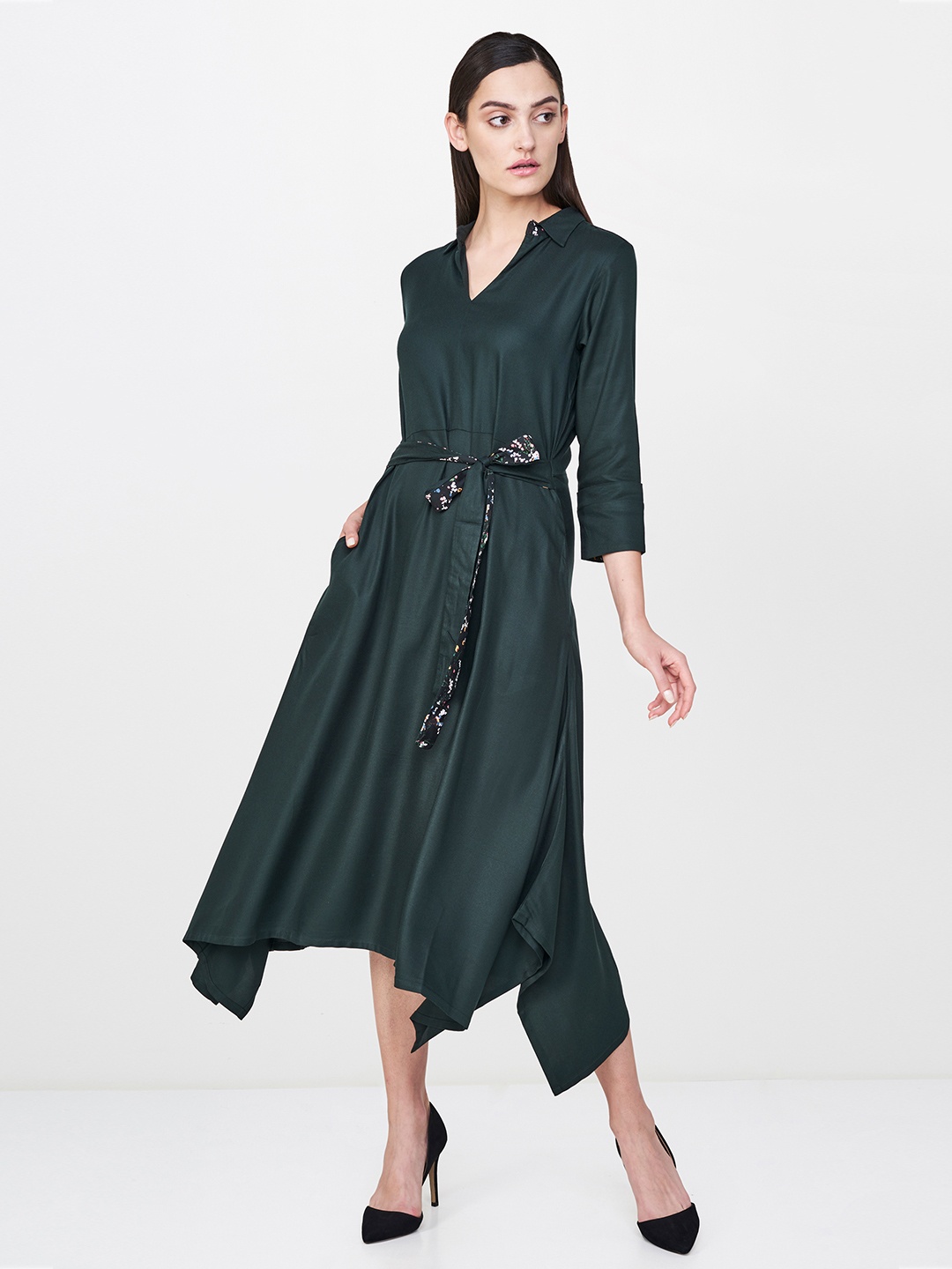 

AND Women Olive Green Solid A-Line Midi Dress