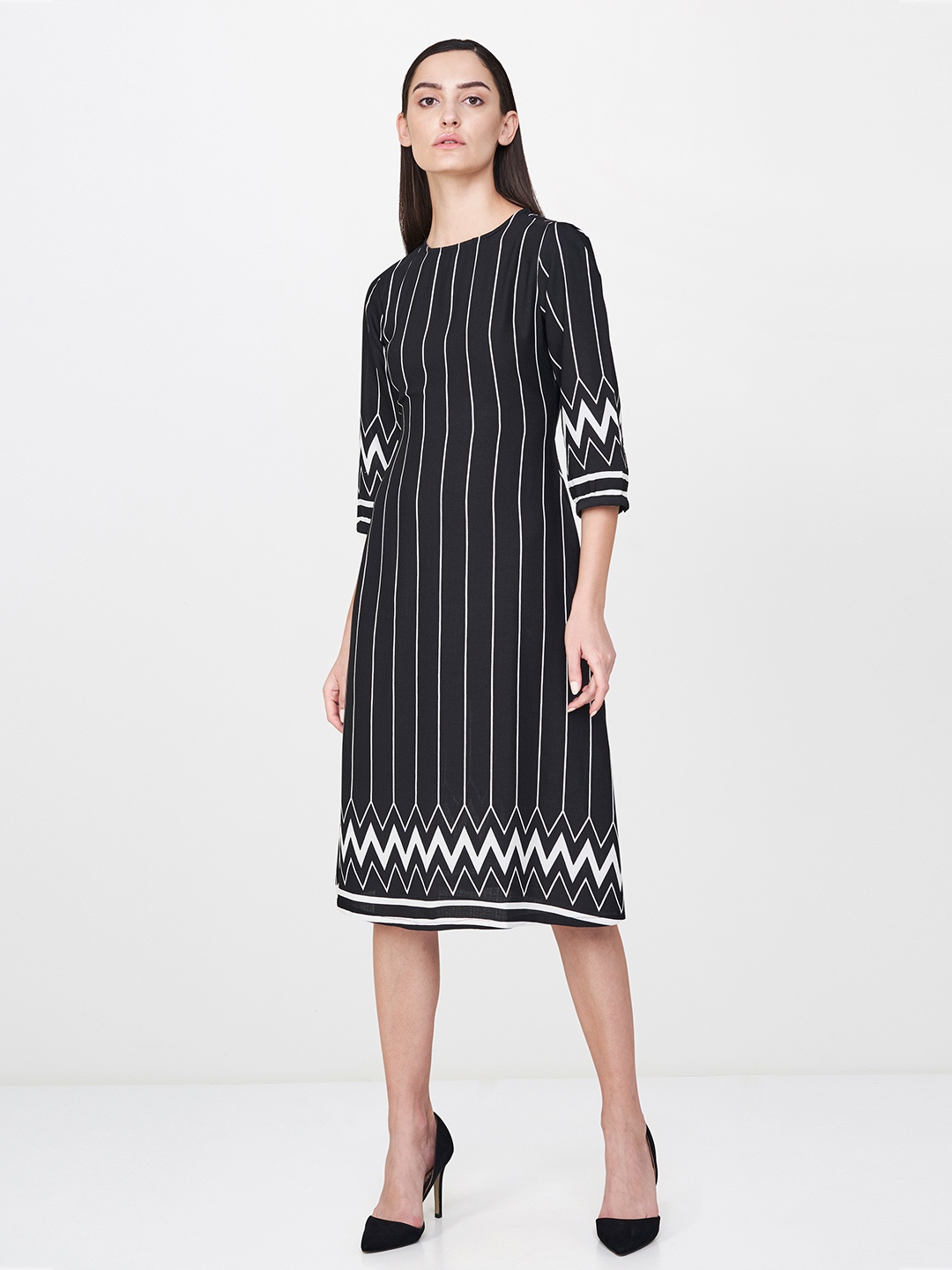 

AND Women Black & White Striped A-Line Dress