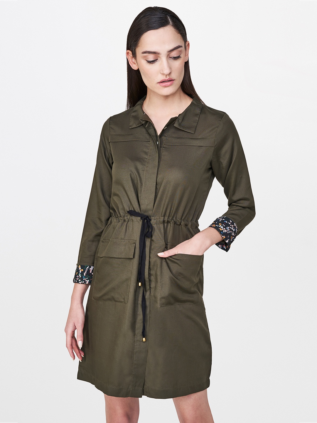 

AND Women Olive Green Shirt Dress