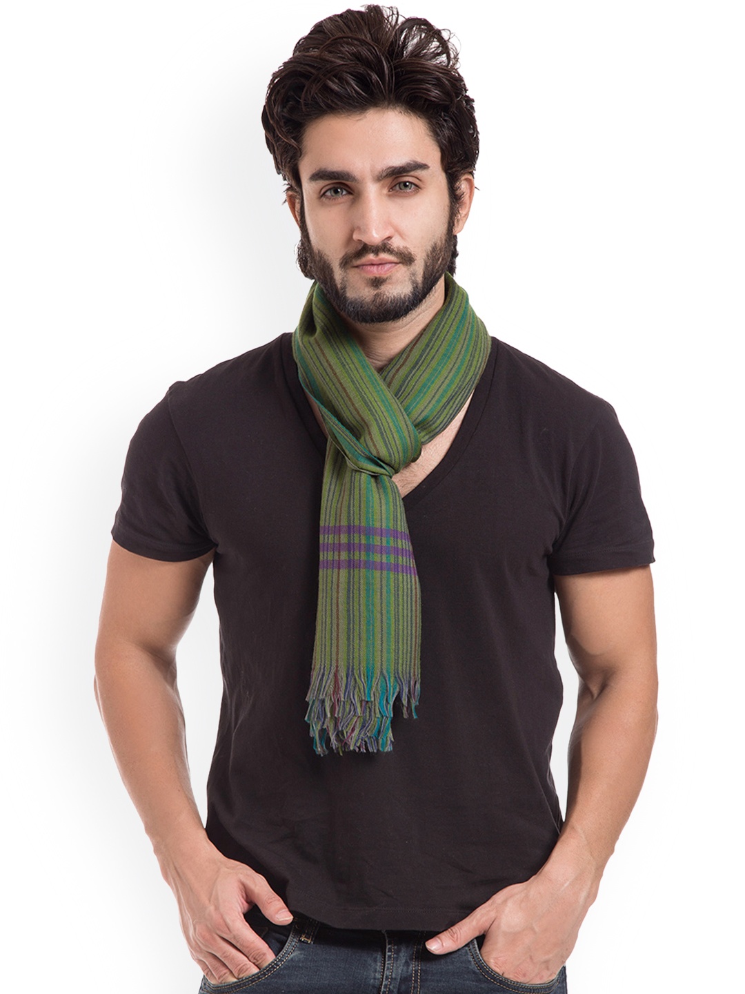 

SHINGORA Mens Green Striped Muffler