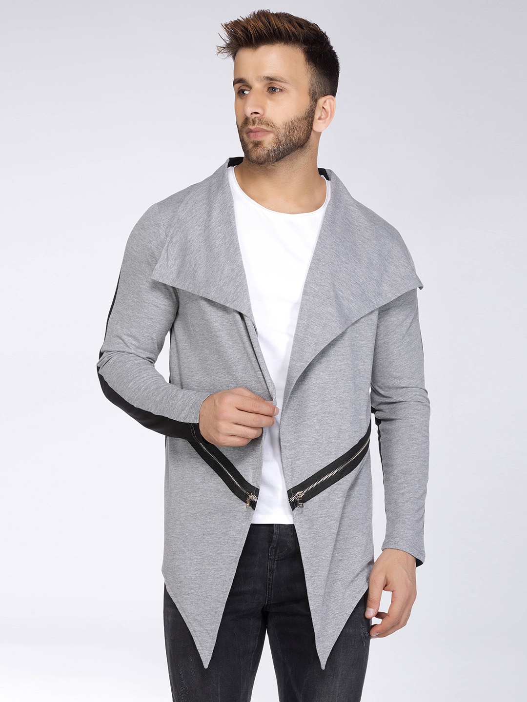 

Tinted Men Grey & Black Solid Front-Open Sweater