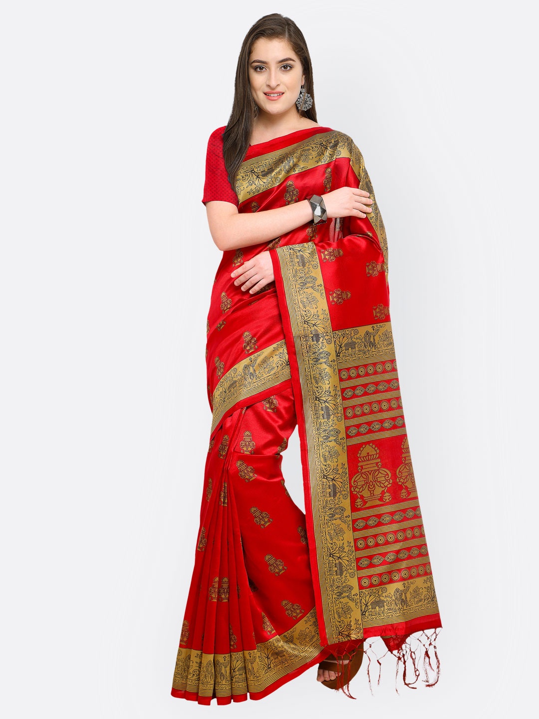 

Blissta Red & Beige Art Silk Printed Mysore Silk Saree