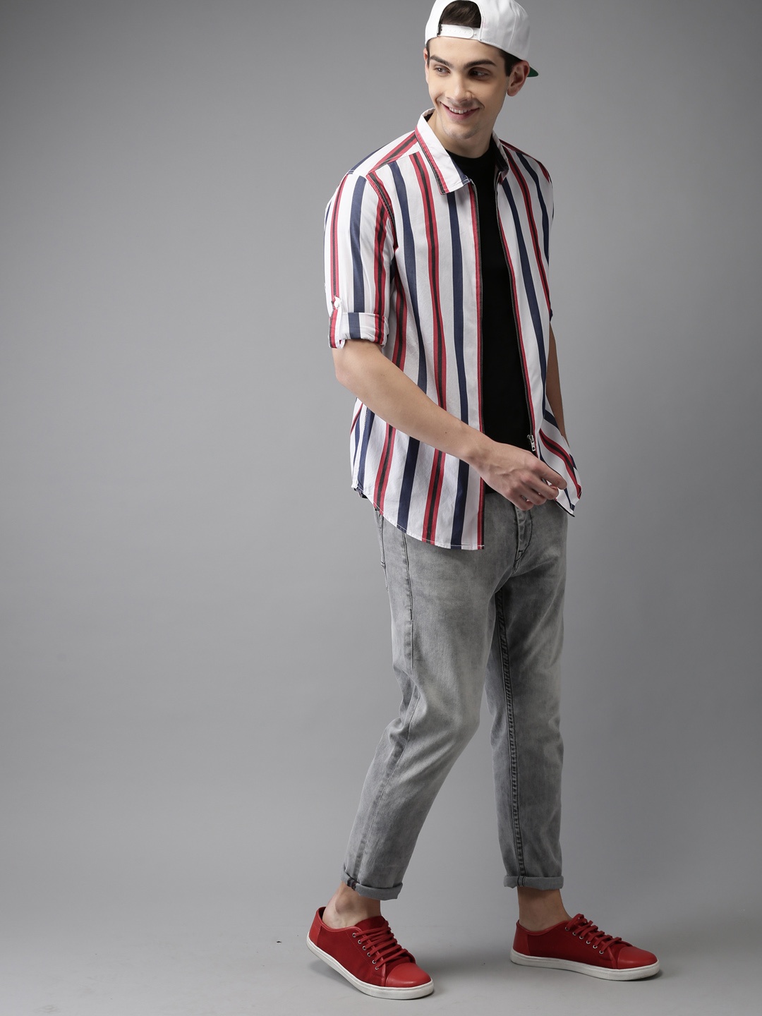 

HERE&NOW Men White & Red Striped Pure Cotton Casual Shirt