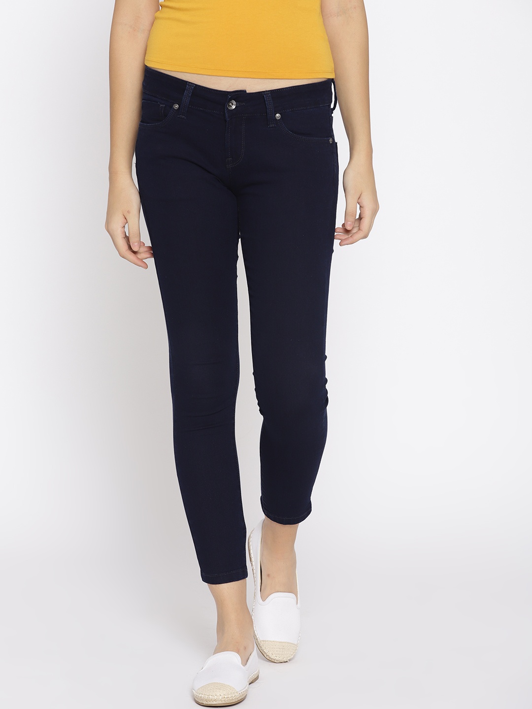 

Pepe Jeans Women Navy Blue Jegging Super Skinny Fit Low-Rise Clean Look Cropped Jeans
