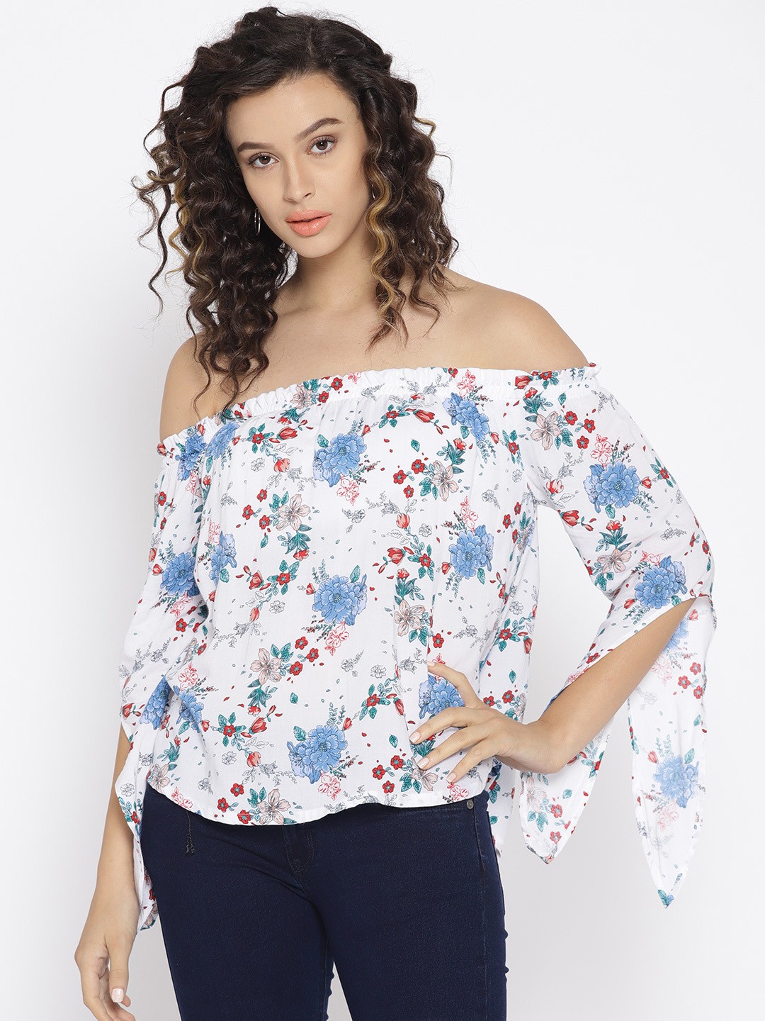 

Pepe Jeans Women White & Blue Floral Print Bardot Top