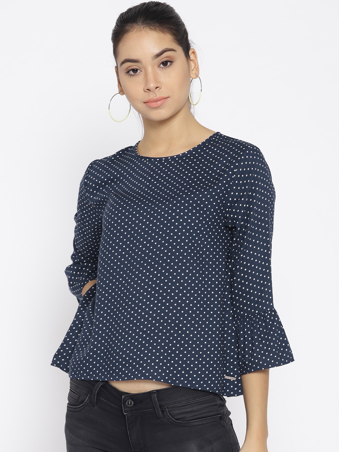 

Pepe Jeans Women Navy Blue & Off-White Printed A-Line Top