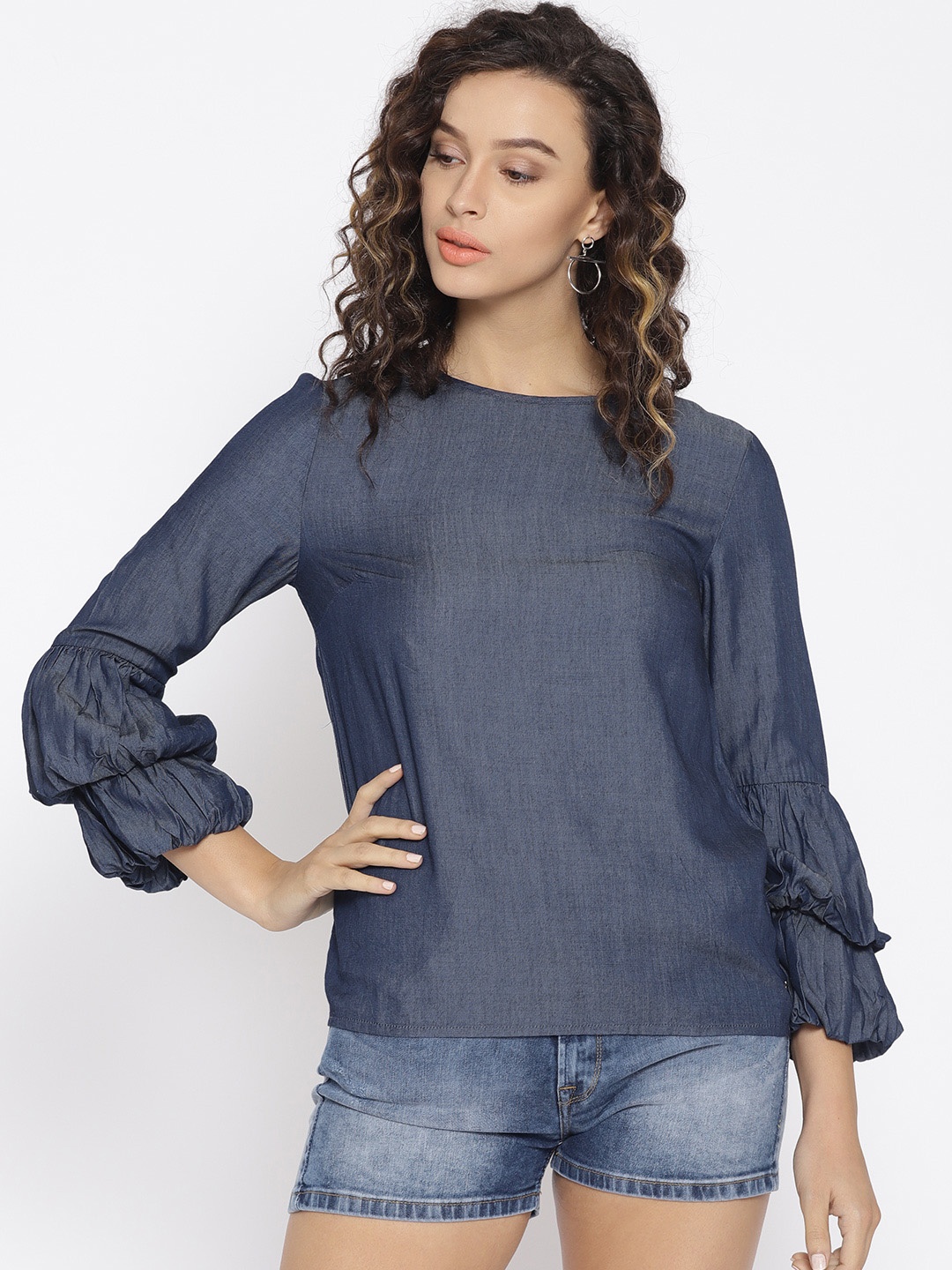 

Pepe Jeans Women Navy Blue Solid Chambray Top
