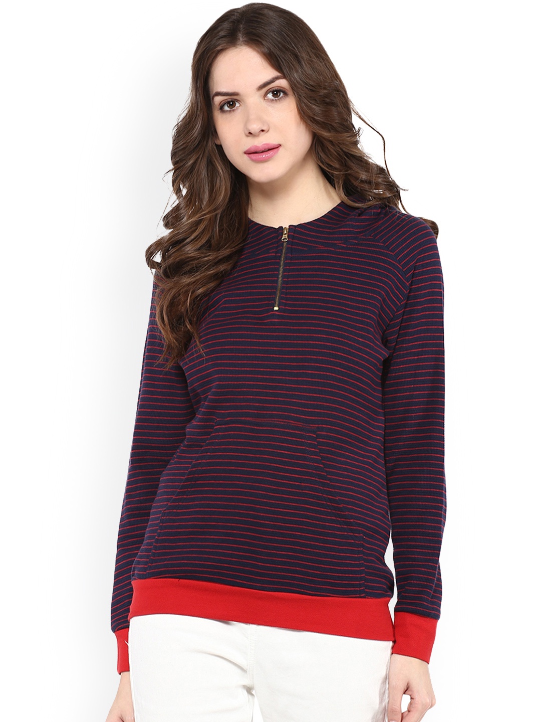 

Zima Leto Women Navy Blue & Red Striped Hooded Sweatshirt