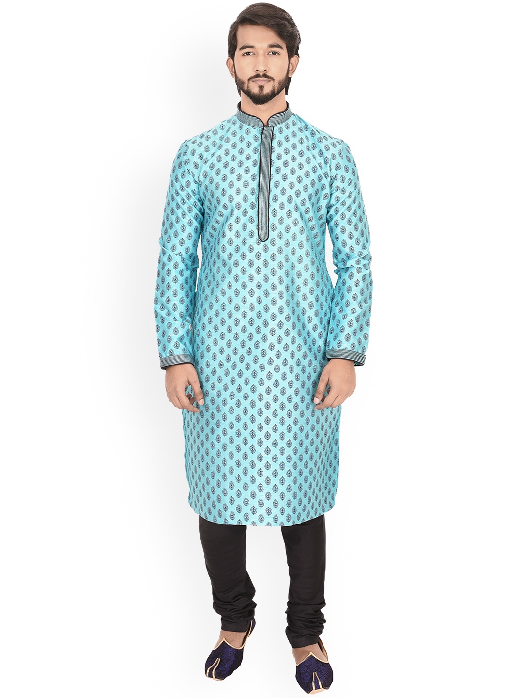 

Manyavar Men Turquoise Blue Self Design Kurta with Churidar