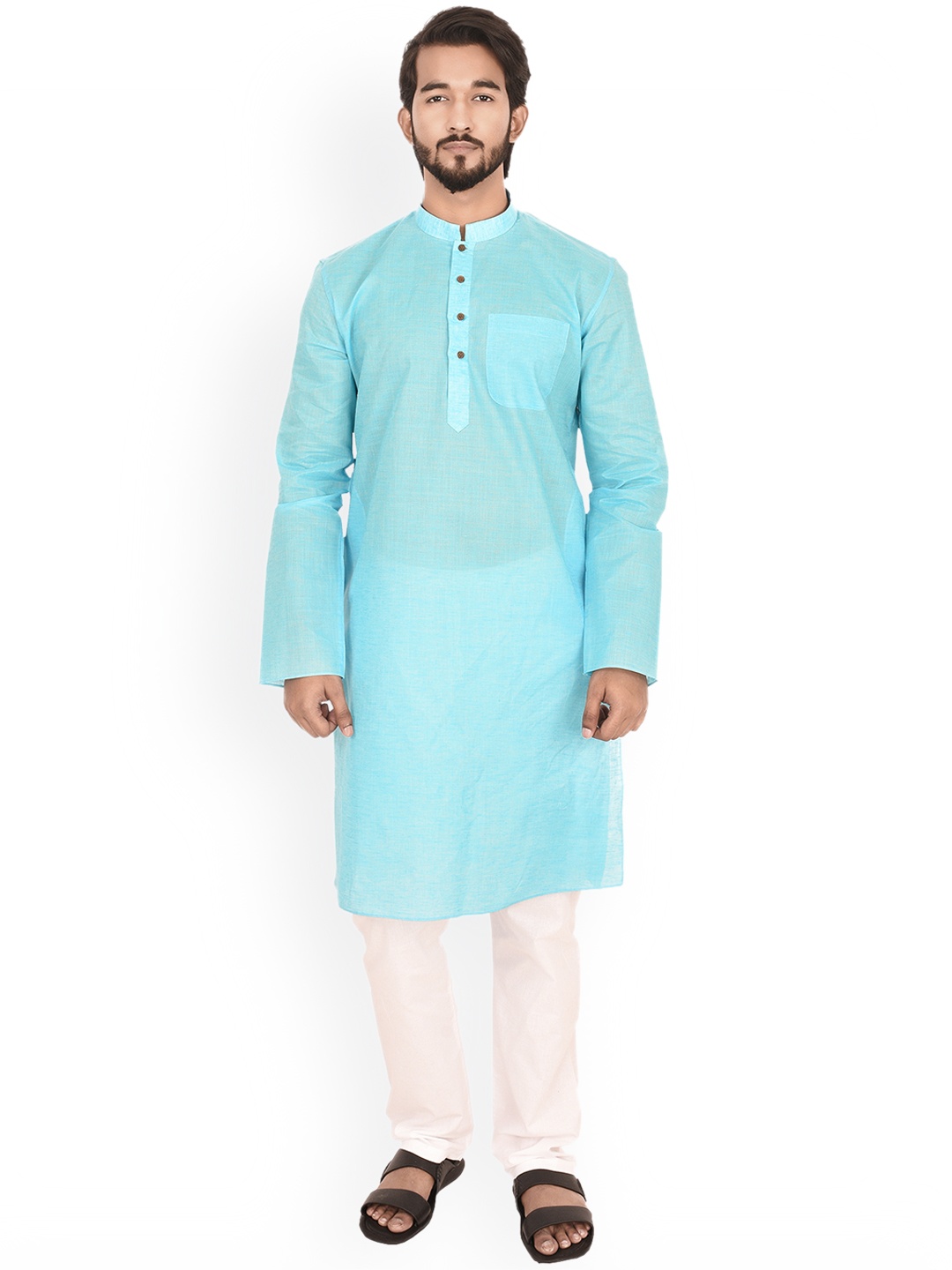

Manyavar Men Turquoise Blue Solid Straight Kurta