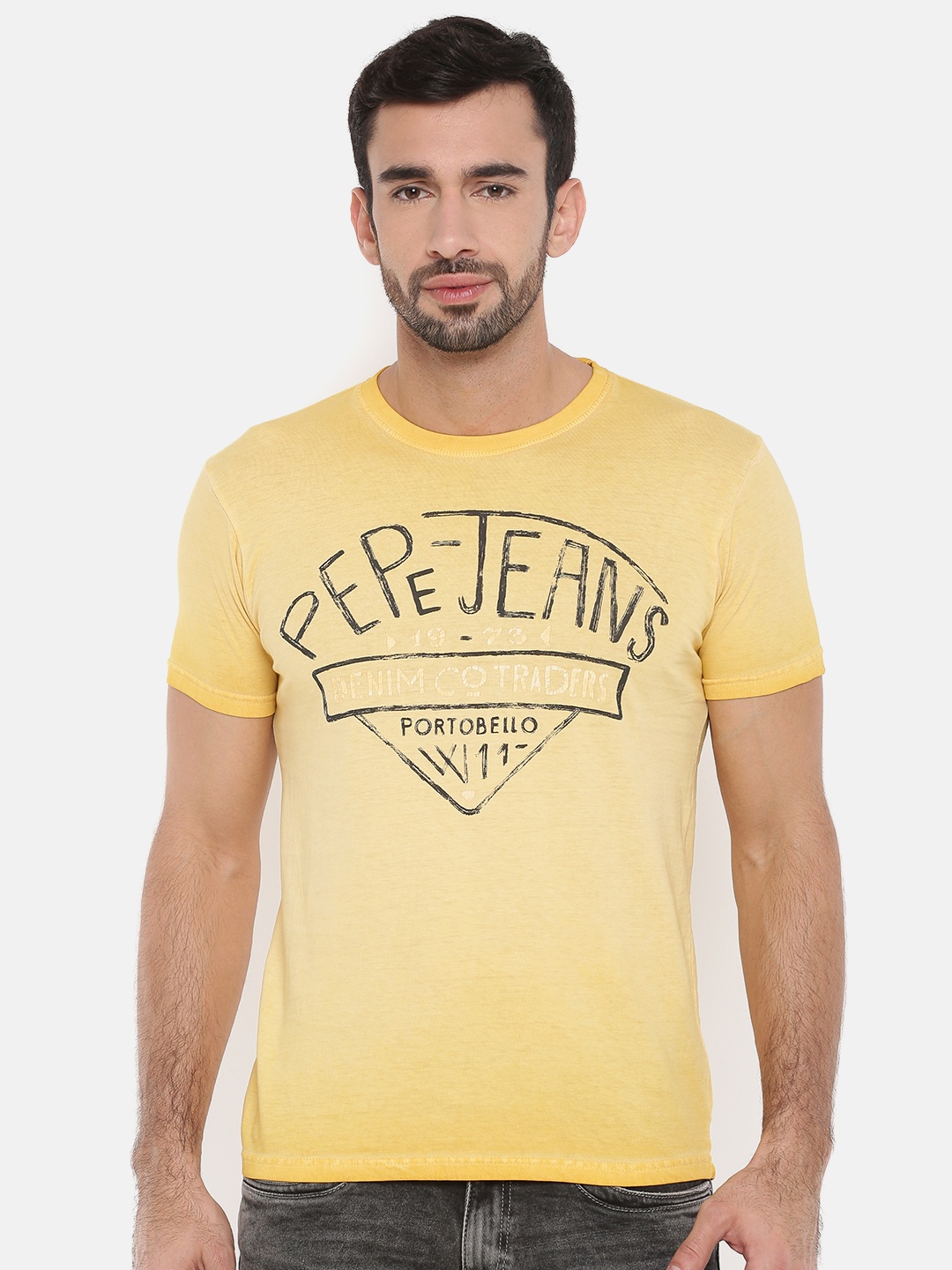 

Pepe Jeans Men Mustard Printed Round Neck Pure Cotton T-shirt