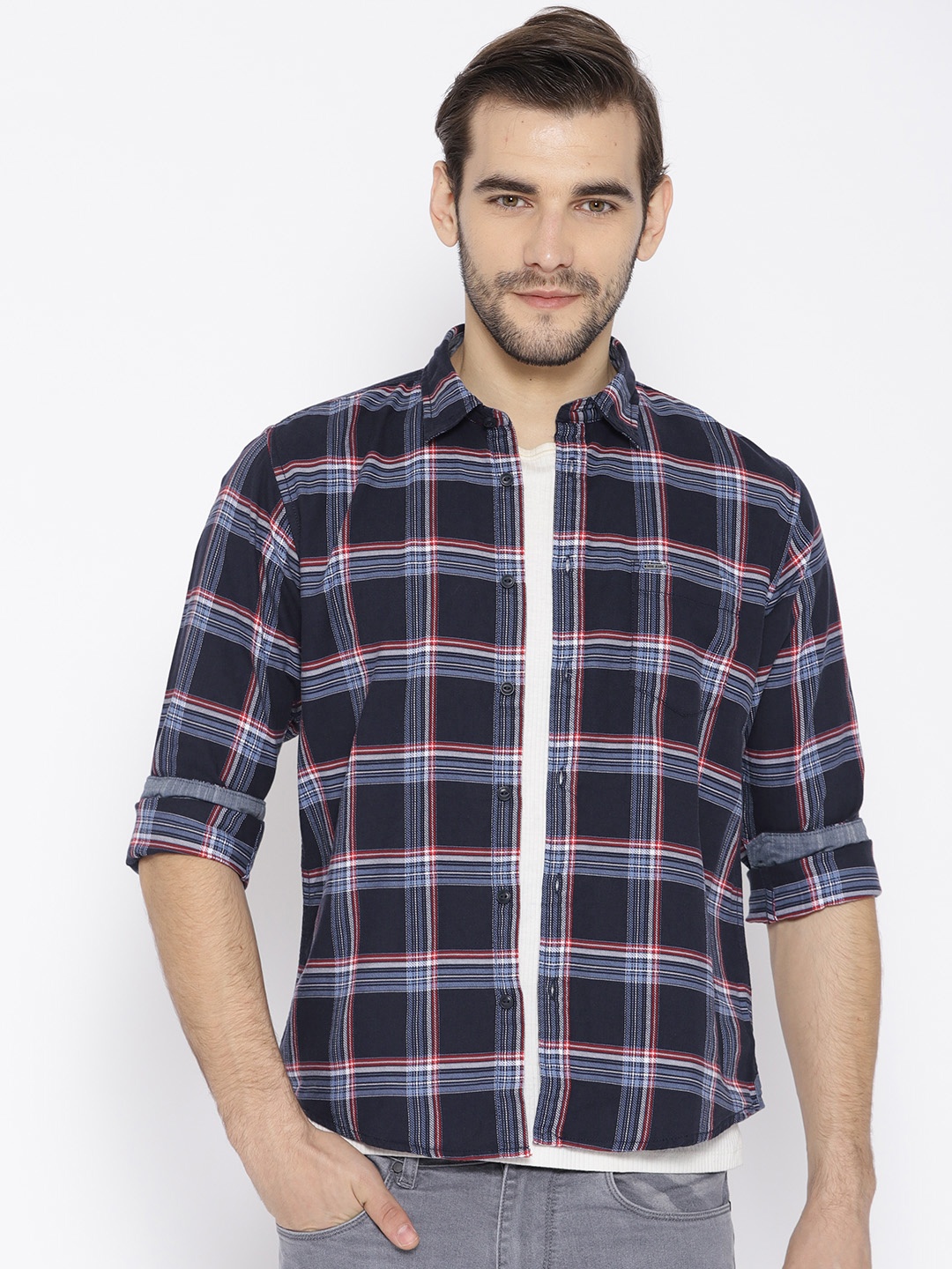 

Pepe Jeans Men Navy & Red Regular Fit Checked Casual Shirt, Navy blue