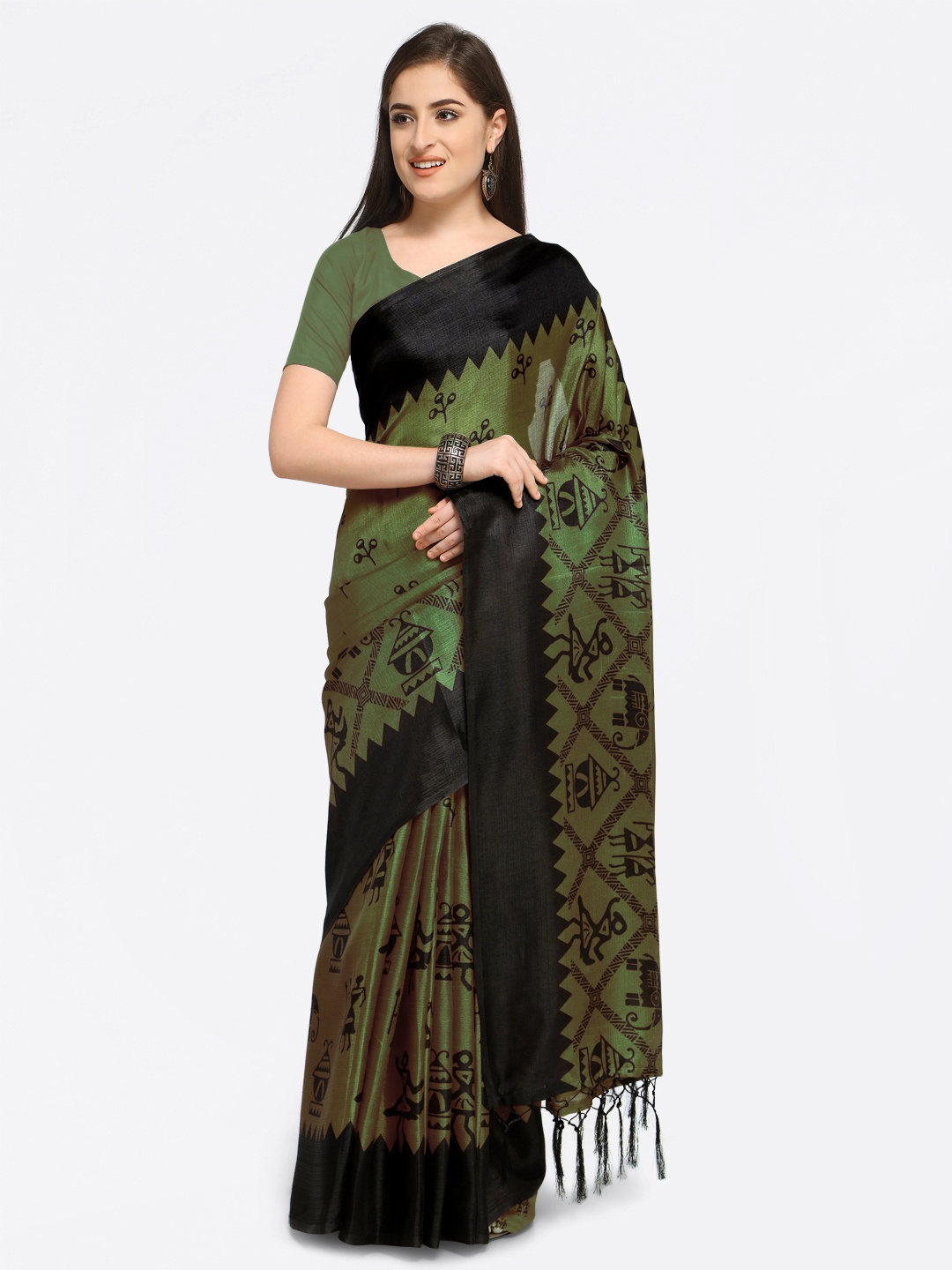 

Rajnandini Olive Green & Black Silk Blend Printed Saree
