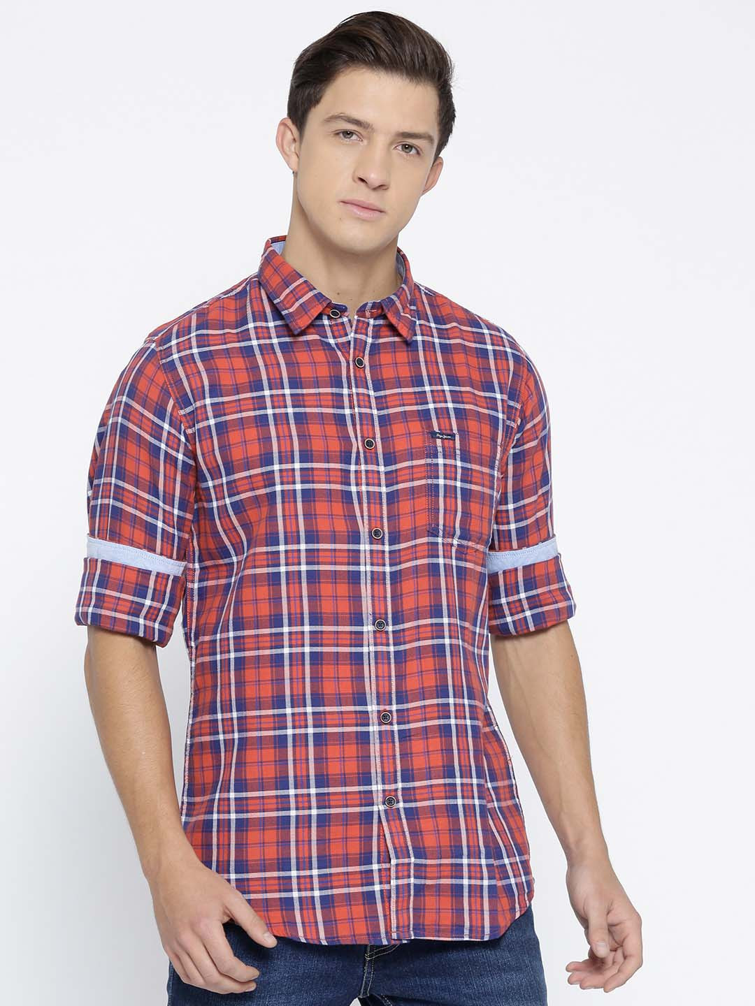

Pepe Jeans Men Red & Navy Blue Regular Fit Checked Casual Shirt