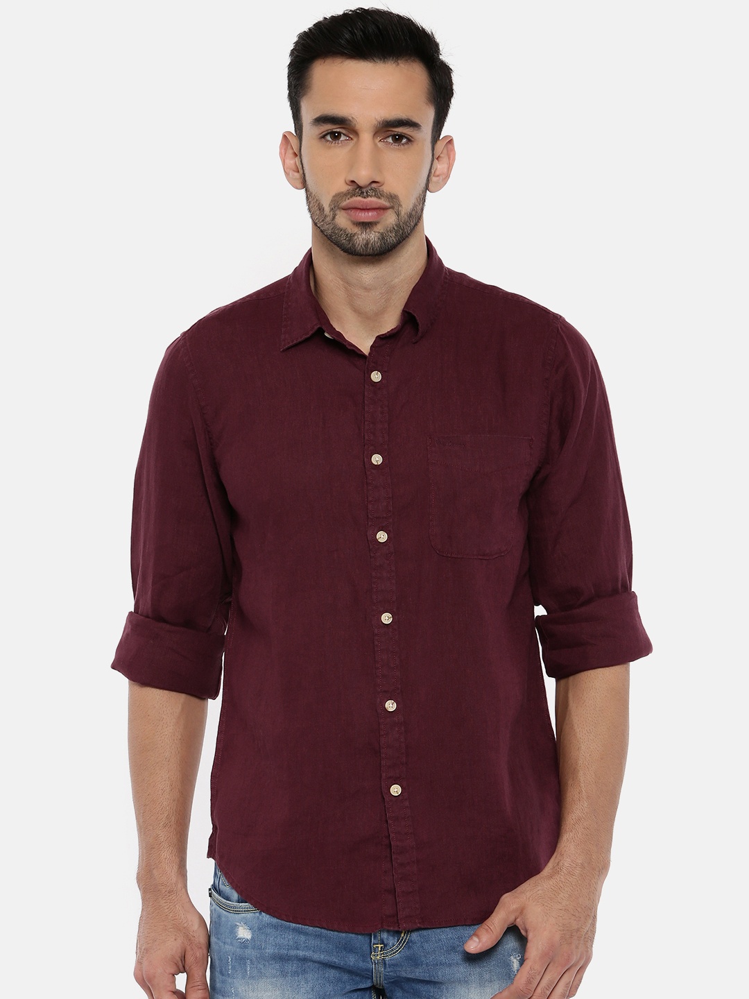 

Pepe Jeans Men Maroon Solid Linen Shirt