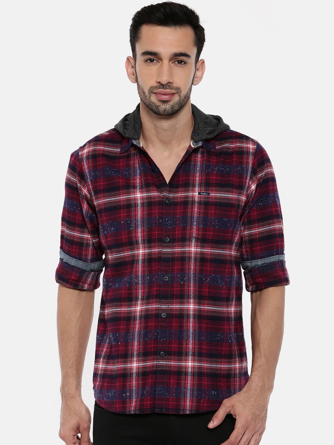 

Pepe Jeans Men Red & Navy Blue Regular Fit Checked Casual Shirt with Detachable Hood