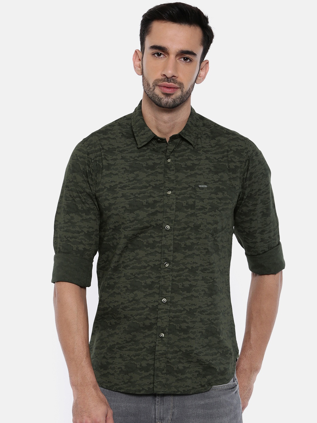 

Pepe Jeans Men Olive Green Slim Fit Printed Casual Shirt