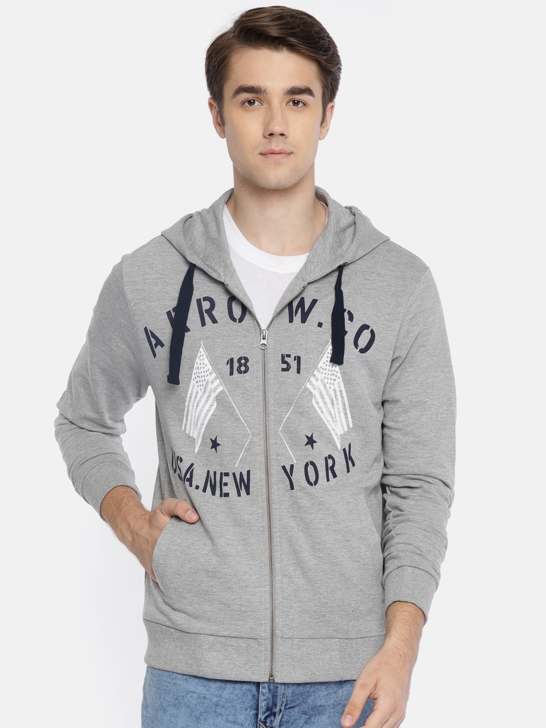 

Arrow Sport Men Grey Printed Hooded Sweatshirt