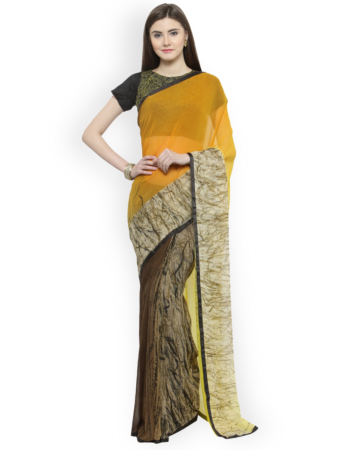 

Shaily Yellow & Orange Pure Georgette Printed Saree