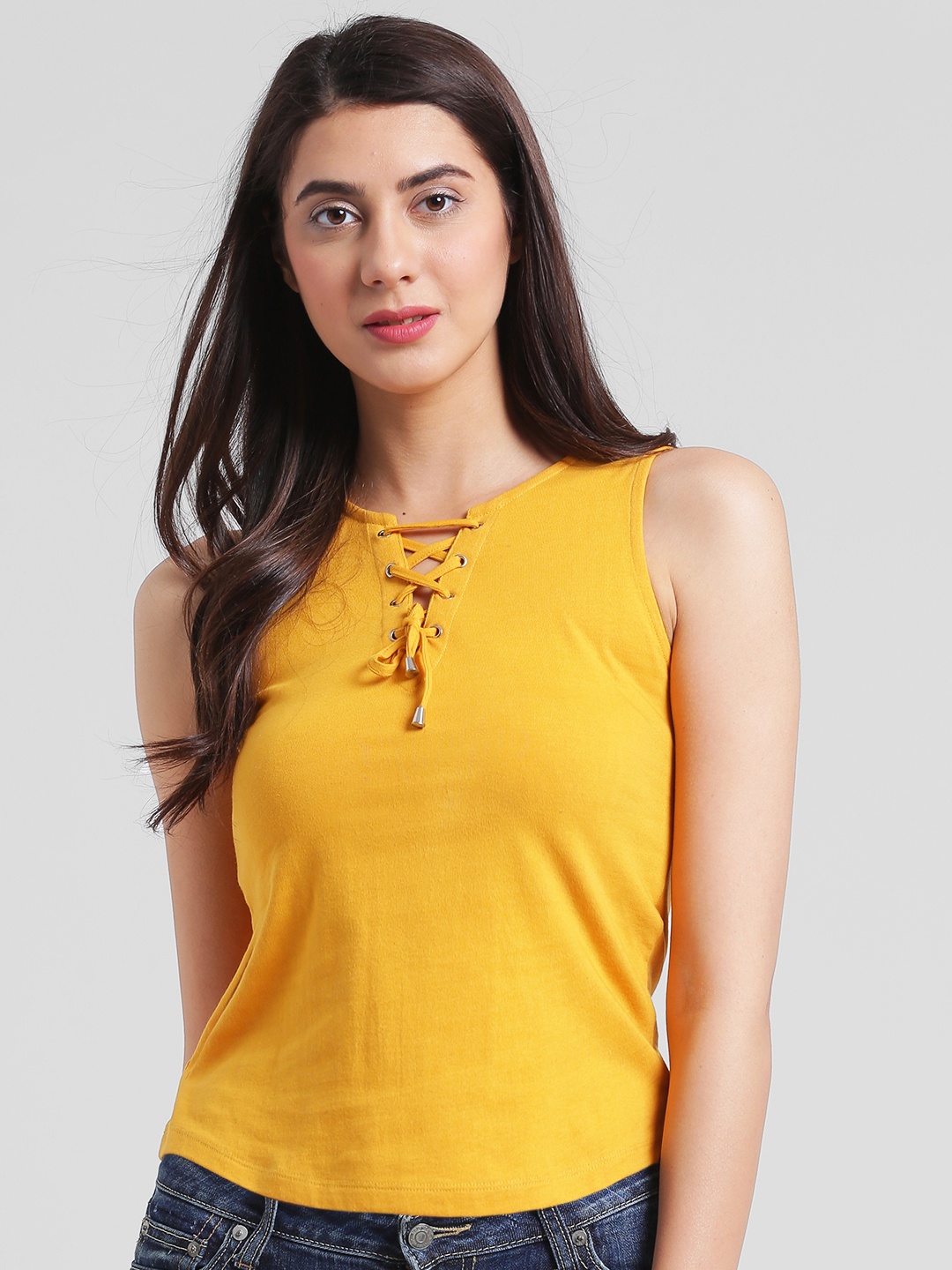 

Rigo Women Yellow Lace-Up Neck Top