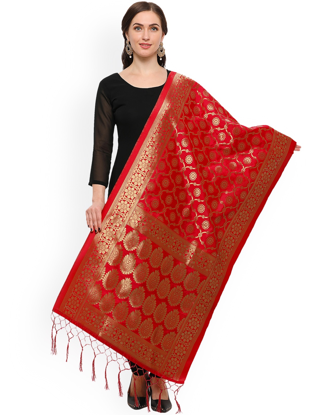 

Blissta Red & Gold-Toned Woven Design Dupatta