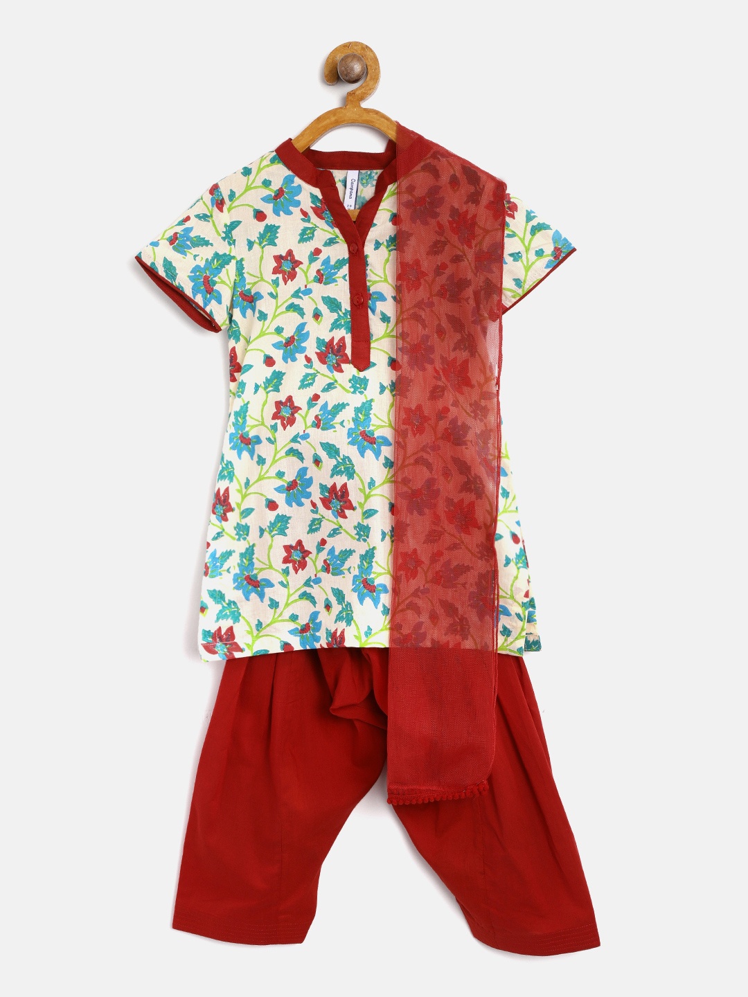 

Campana Girls Cream-Coloured & Red Printed Kurta with Salwar & Dupatta