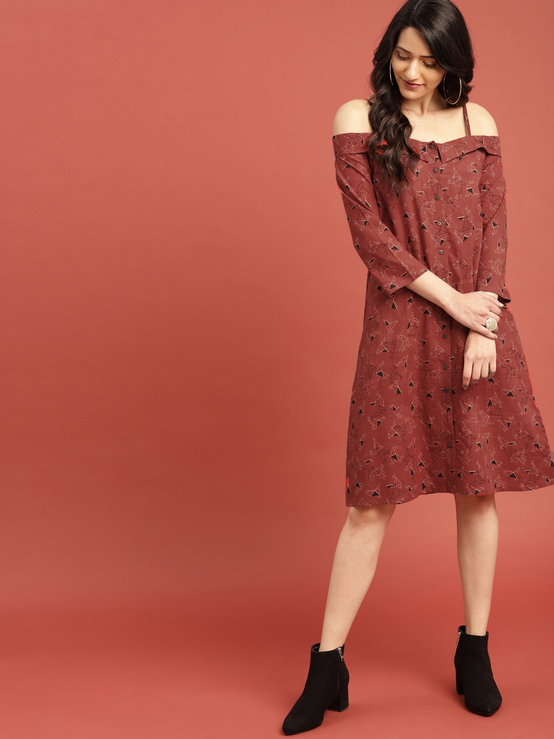 

Taavi Women Rust Red Block Print Legacy A-Line Off-Shoulder Sustainable Dress