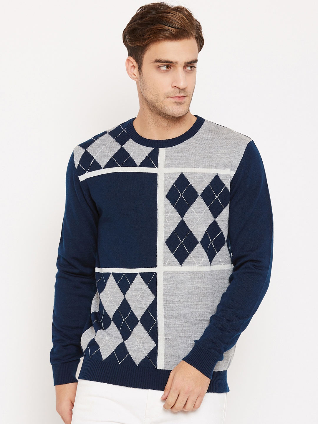 

John Players Men Navy Blue & Grey Self Design Pullover