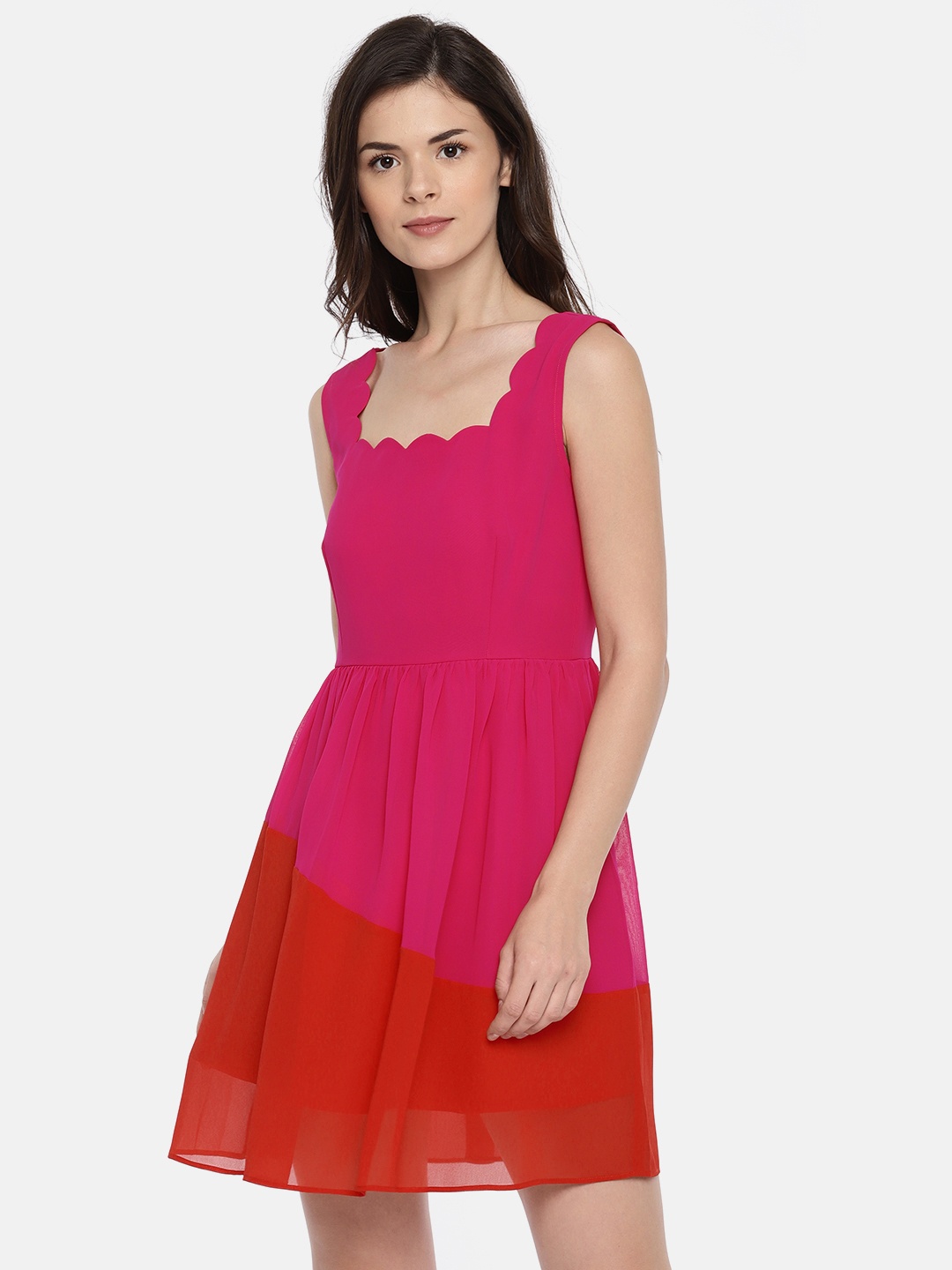 

ROVING MODE Women Pink Colourblocked Fit and Flare Dress