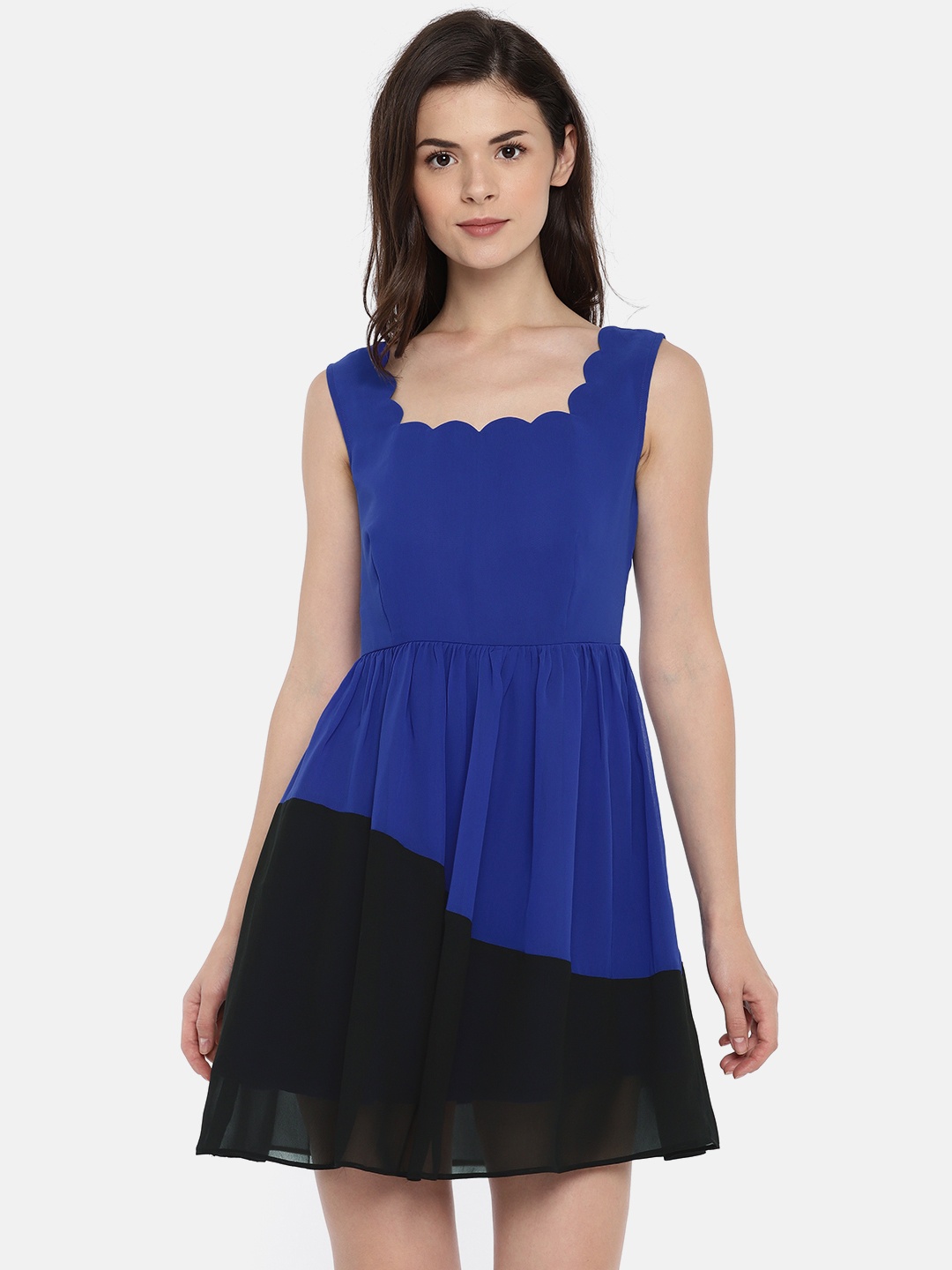 

ROVING MODE Women Blue Colourblocked Fit and Flare Dress