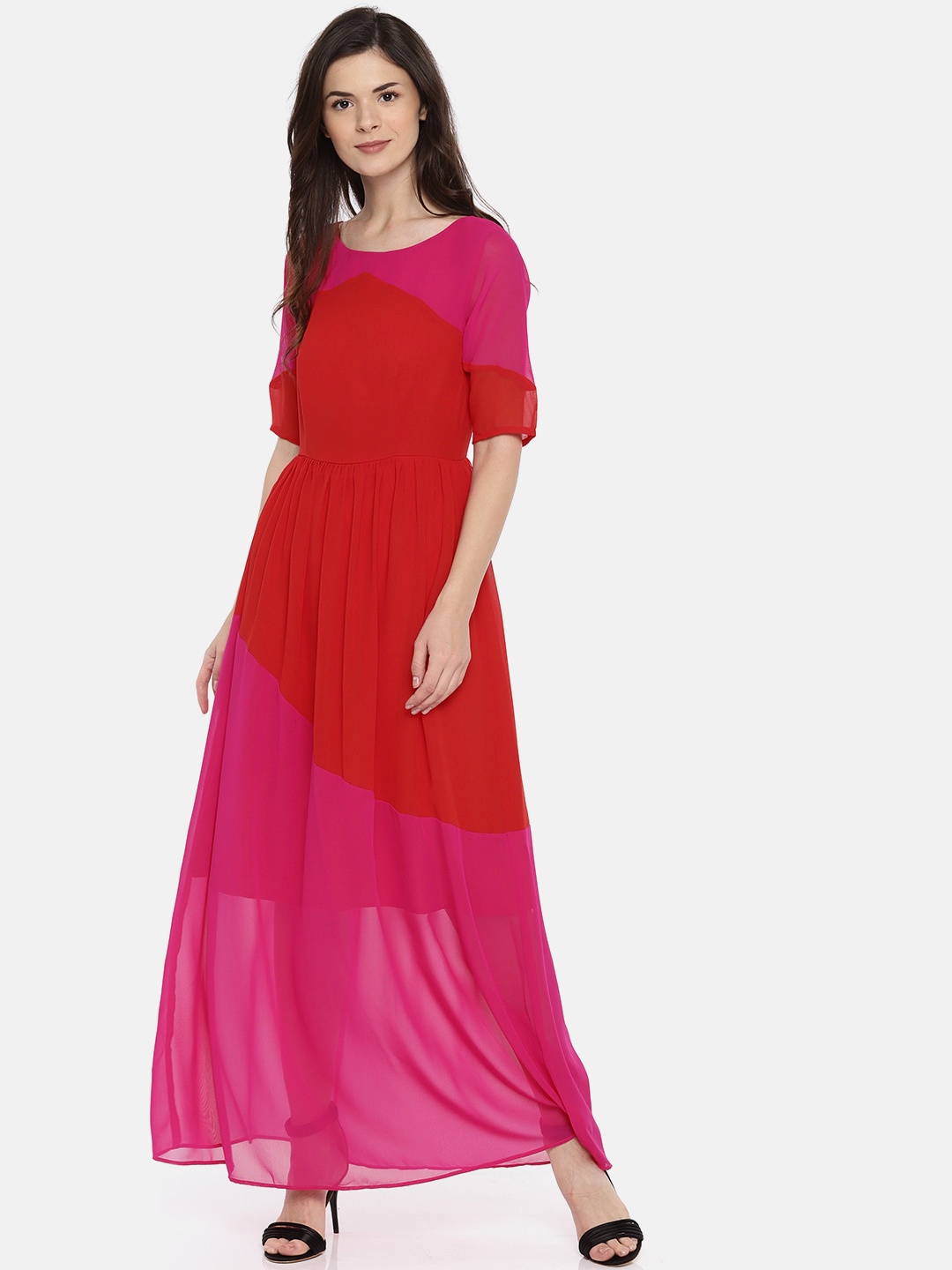 

ROVING MODE Women Red Colourblocked Maxi Dress