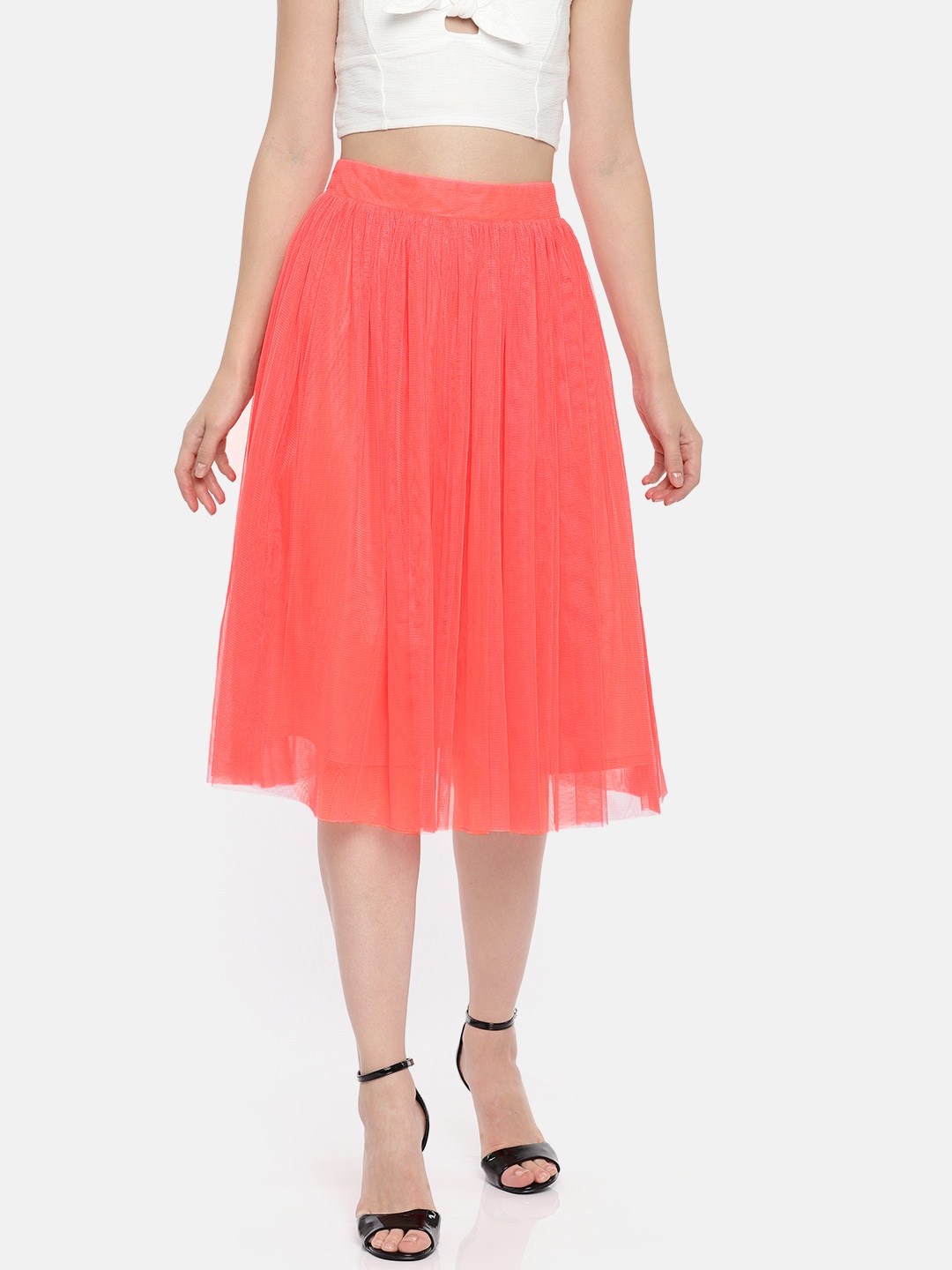 

ROVING MODE Women Solid Flourescent Pink Flared Semi Sheer Midi Skirt