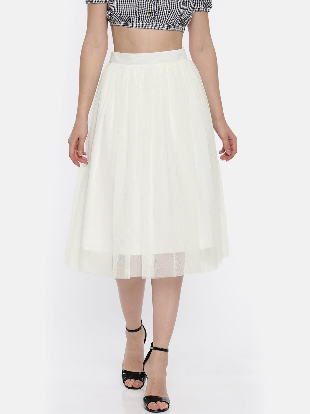 

ROVING MODE Women Solid White Flared Semi Sheer Midi Skirt