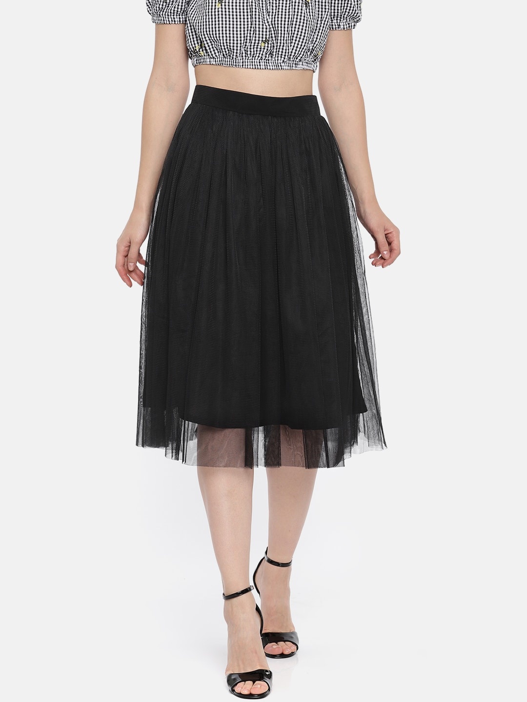 

ROVING MODE Women Solid Black Flared Semi Sheer Midi Skirt