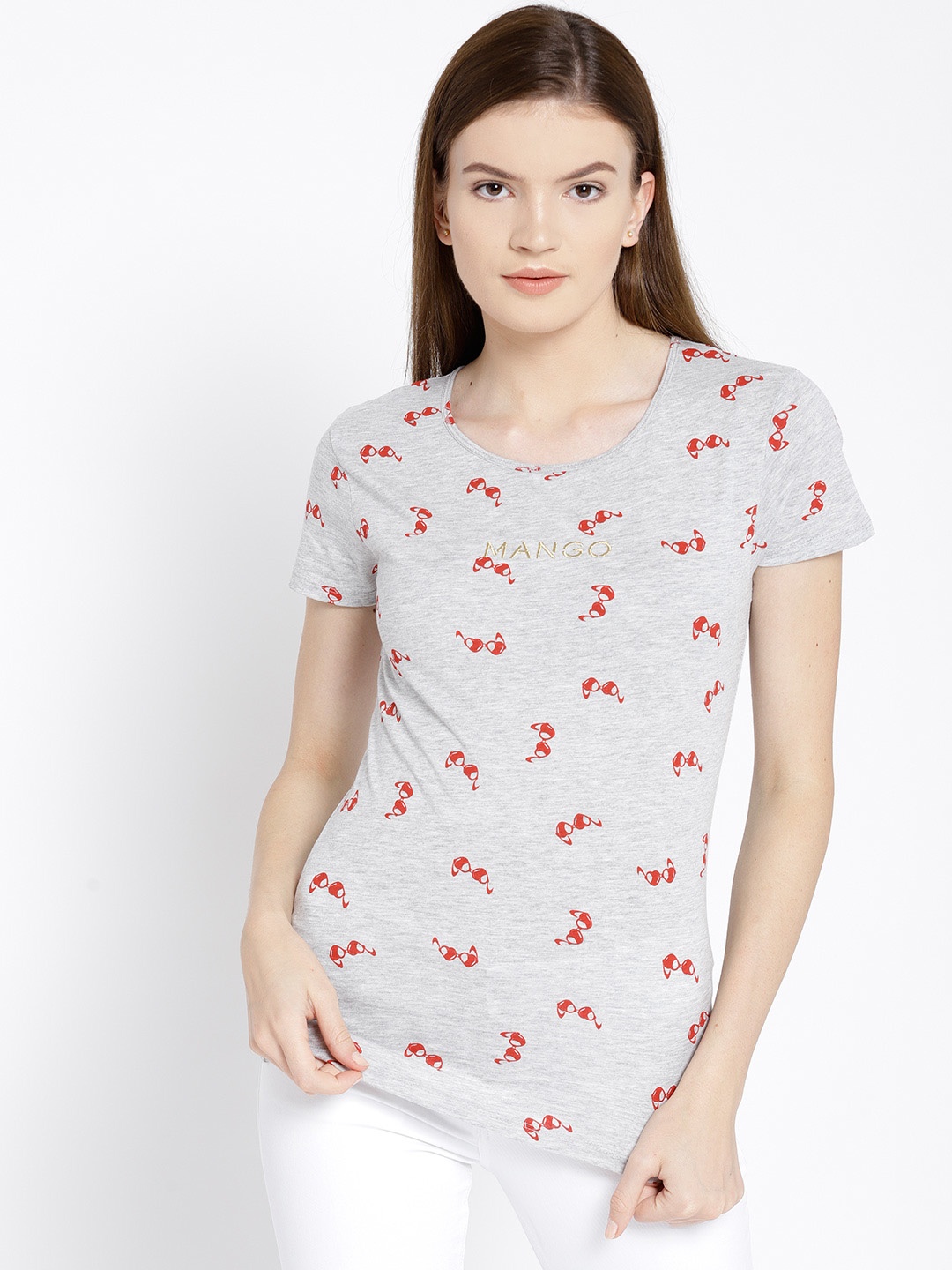 

MANGO Women Grey Melange Printed Round Neck T-shirt