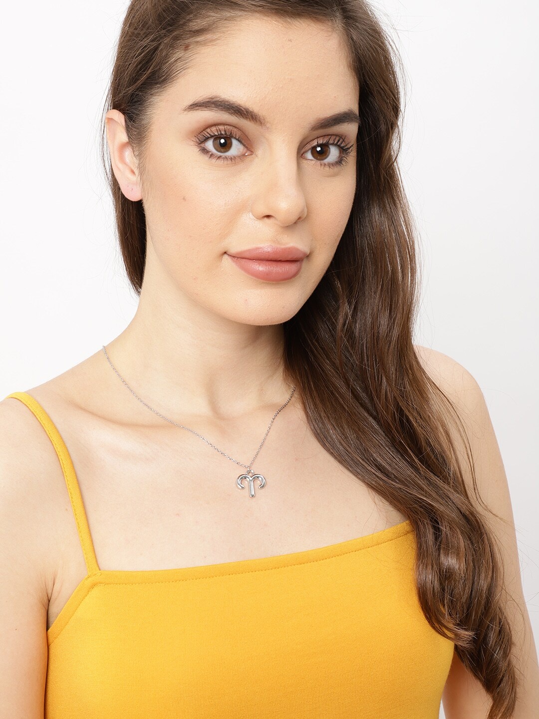 

Ayesha Women Metallic Silver-Toned Aries Symbol Pendant With Chain