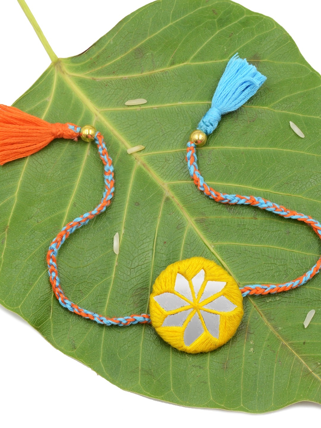 

Krafted with Happiness Yellow Plastic Bandhan Mirror Detail Hand-Embroidered Rakhi