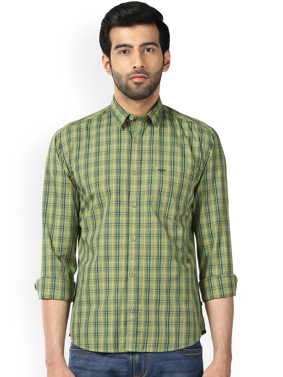 

Park Avenue Men Green & Yellow Slim Fit Checked Casual Shirt