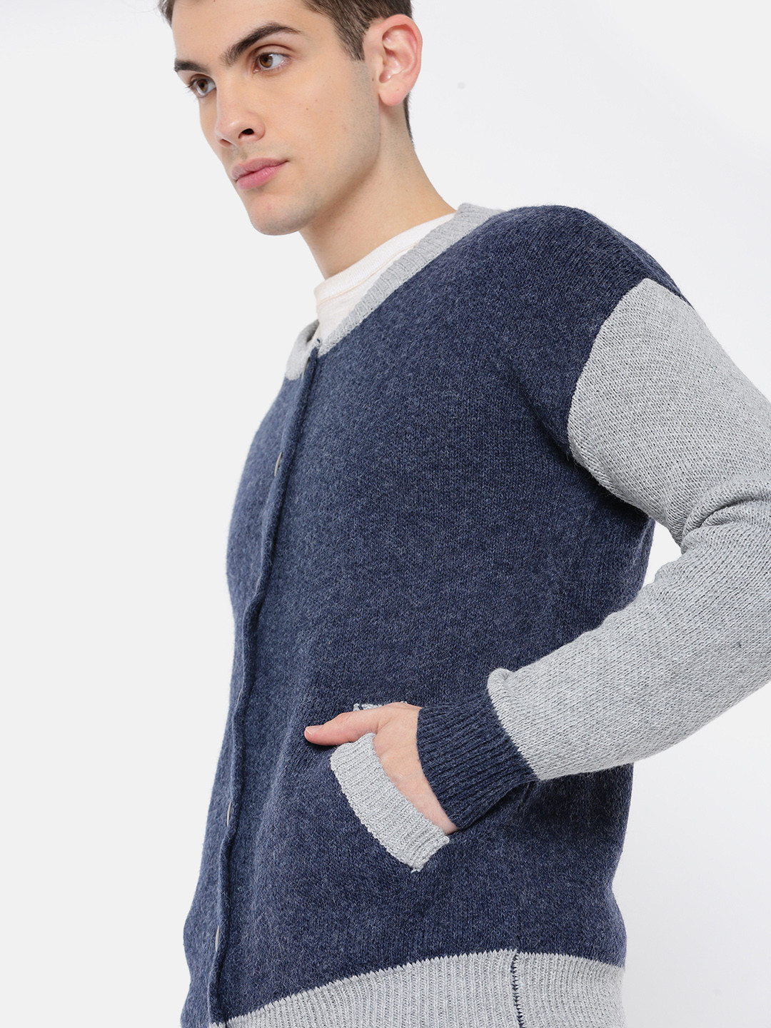 

ether Men Navy Solid Cardigan, Navy blue
