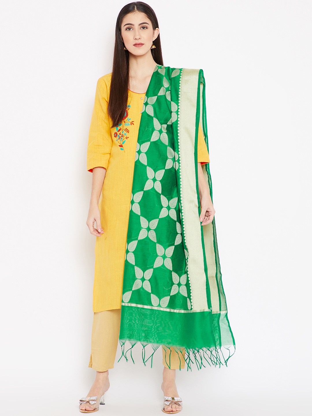 

Banarasi Style Green & Off-White Woven Design Dupatta