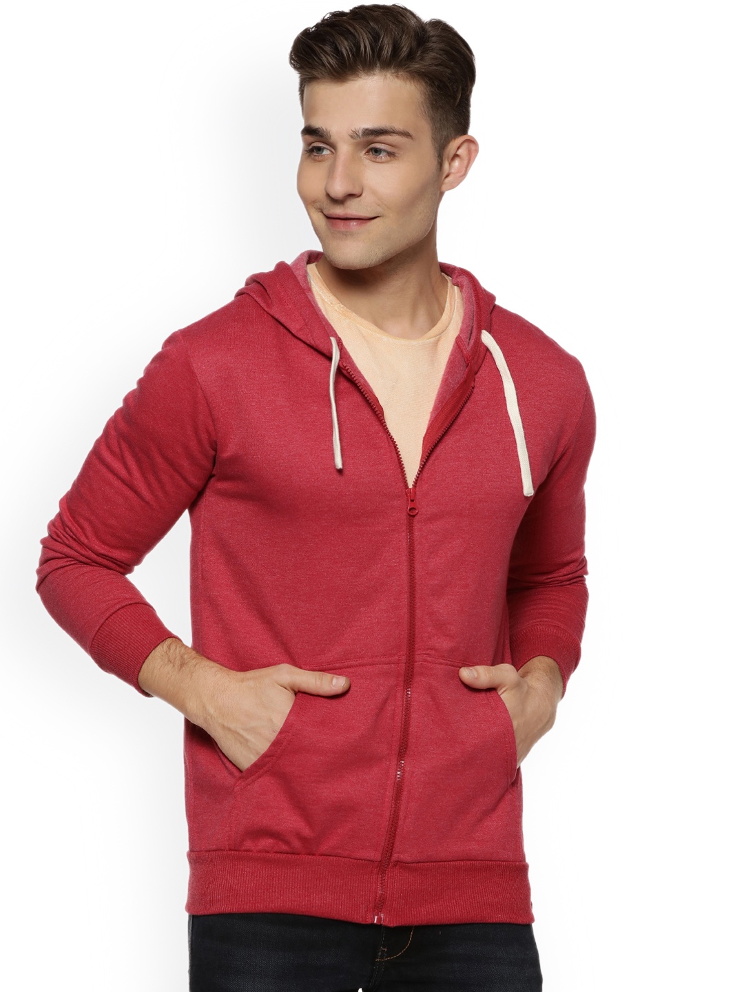 

Campus Sutra Men Maroon Solid Hooded Sweatshirt