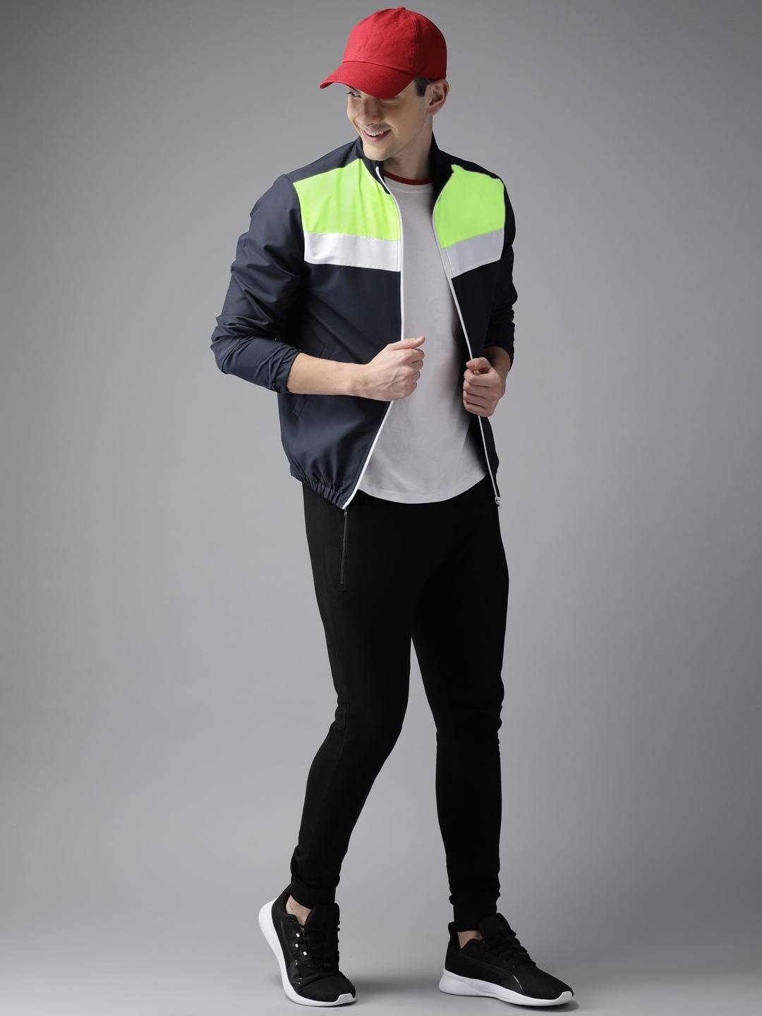 

HERE&NOW Men Navy Blue Colourblocked Windcheater Sporty Jacket