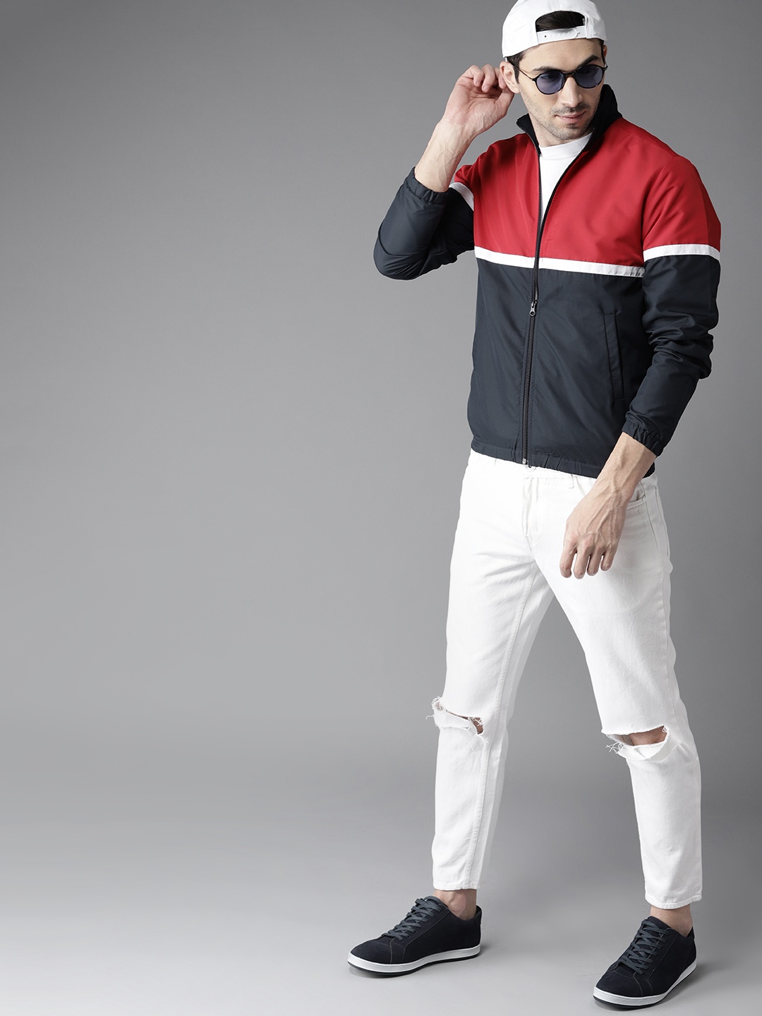 

HERE&NOW Men Navy & Red Colourblocked Windcheater Jacket, Navy blue