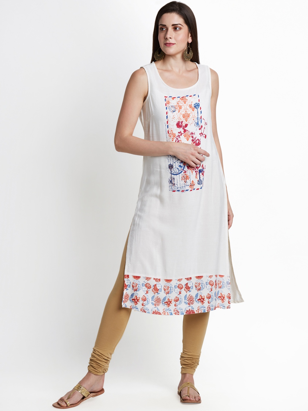 

RANGMANCH BY PANTALOONS Women Off-White & Red Printed Straight Kurta